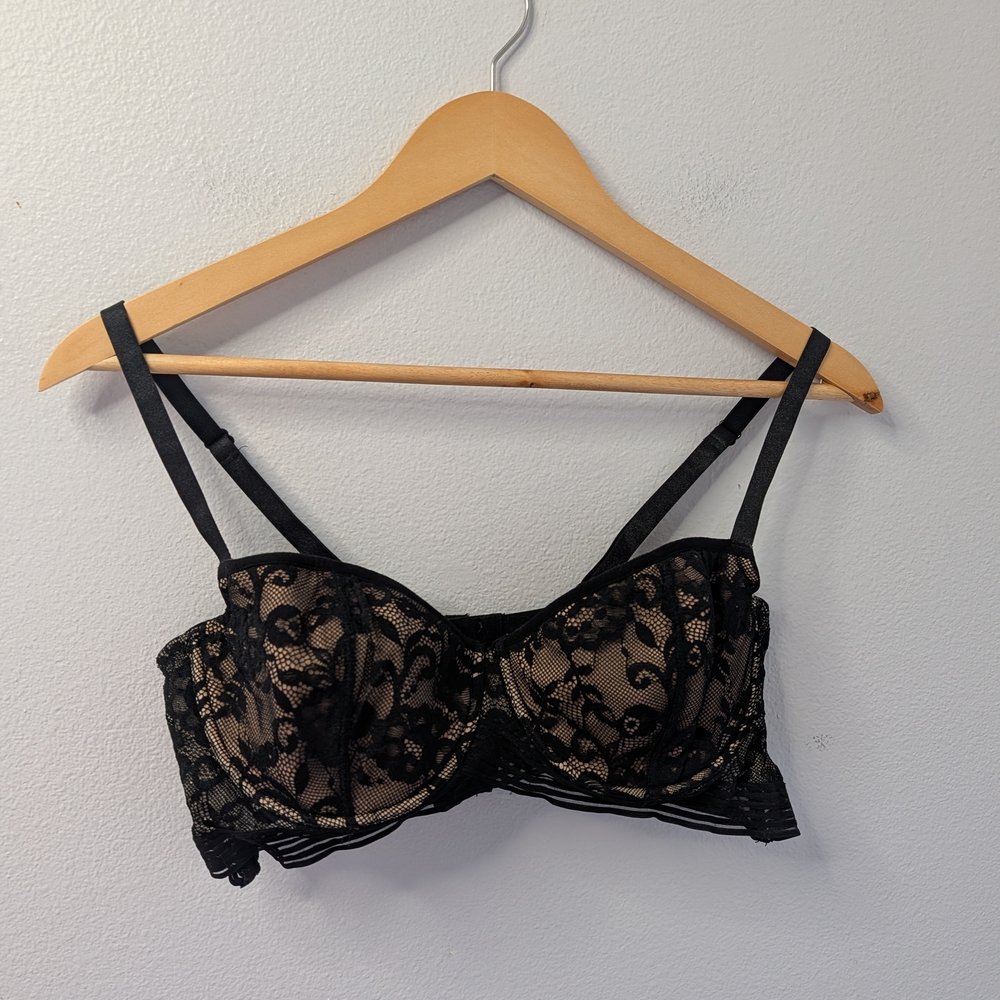 Adore Me 36D Black Nude Lace Bra Underwire Balconette